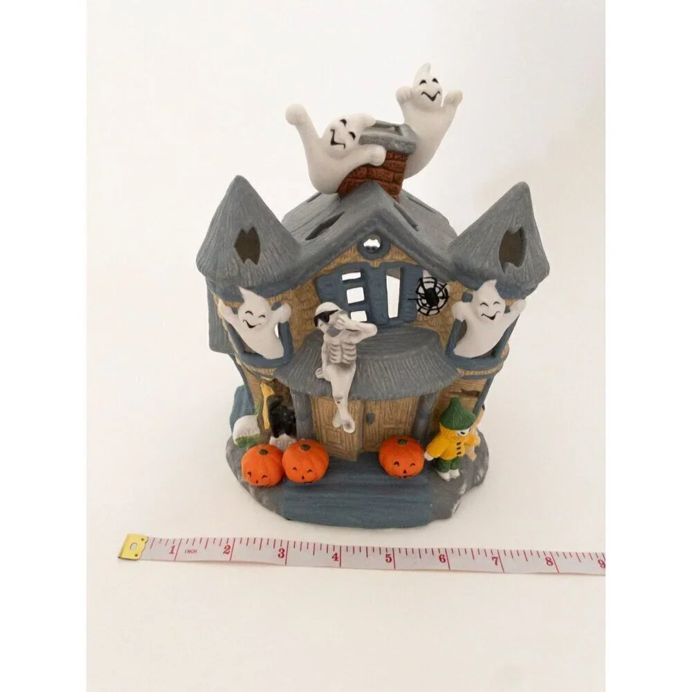 Ceramic Haunted House With Ghosts Halloween Decoration By PartyLite Tealight - Picture 2 of 11